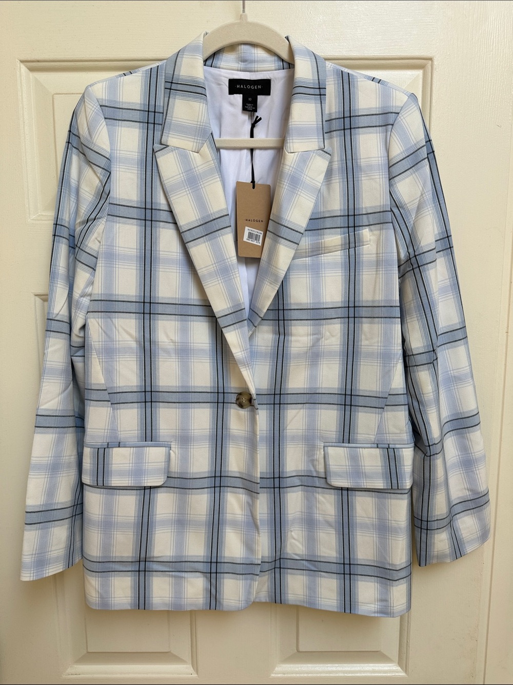 Halogen Light Blue and White Plaid Single-Button Blazer